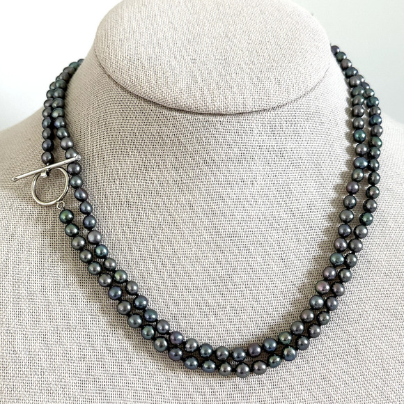 14K Solid White Gold Genuine 5MM Black Pearls Long Hand Knotted Necklace 34